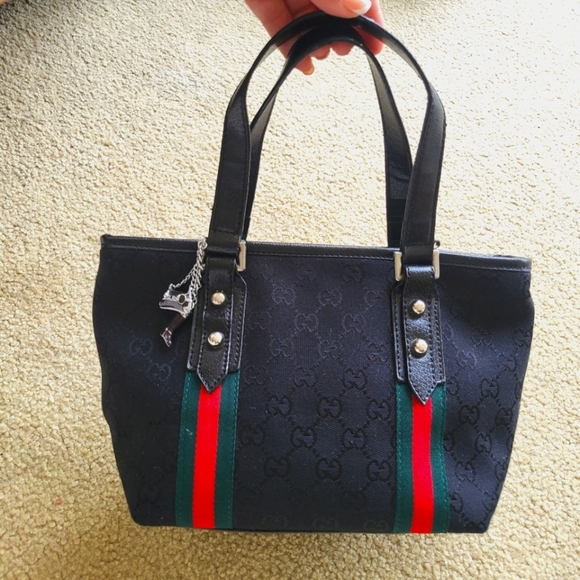 Gucci Handbags - Gucci Mini Tote Black Leather Bag with Red and Green Accents